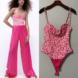 Zara New Pink/White Printed Corset Sweetheart Neckline Corset Bodysuit Size S